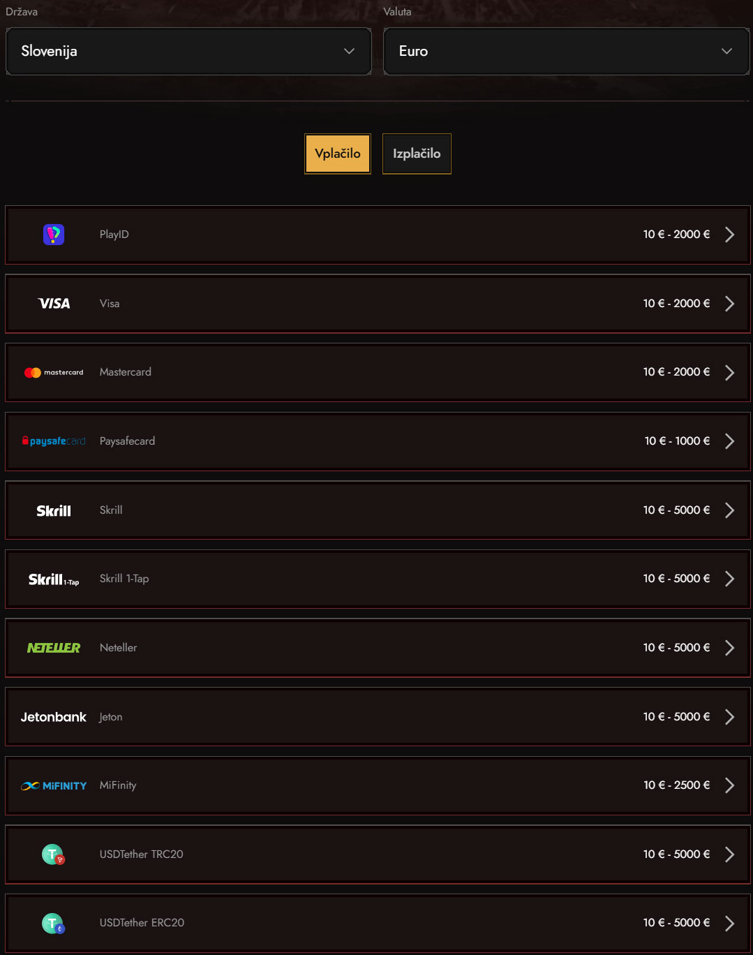 Legiano Casino Payment Options