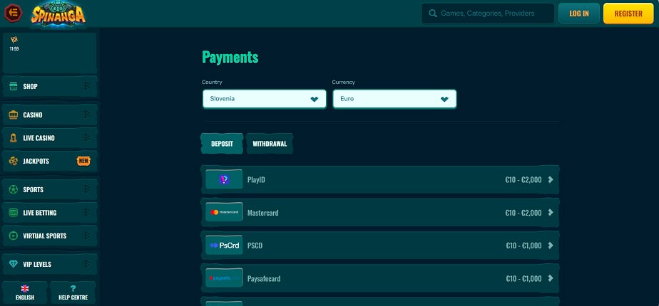 Spinanga Casino Payments
