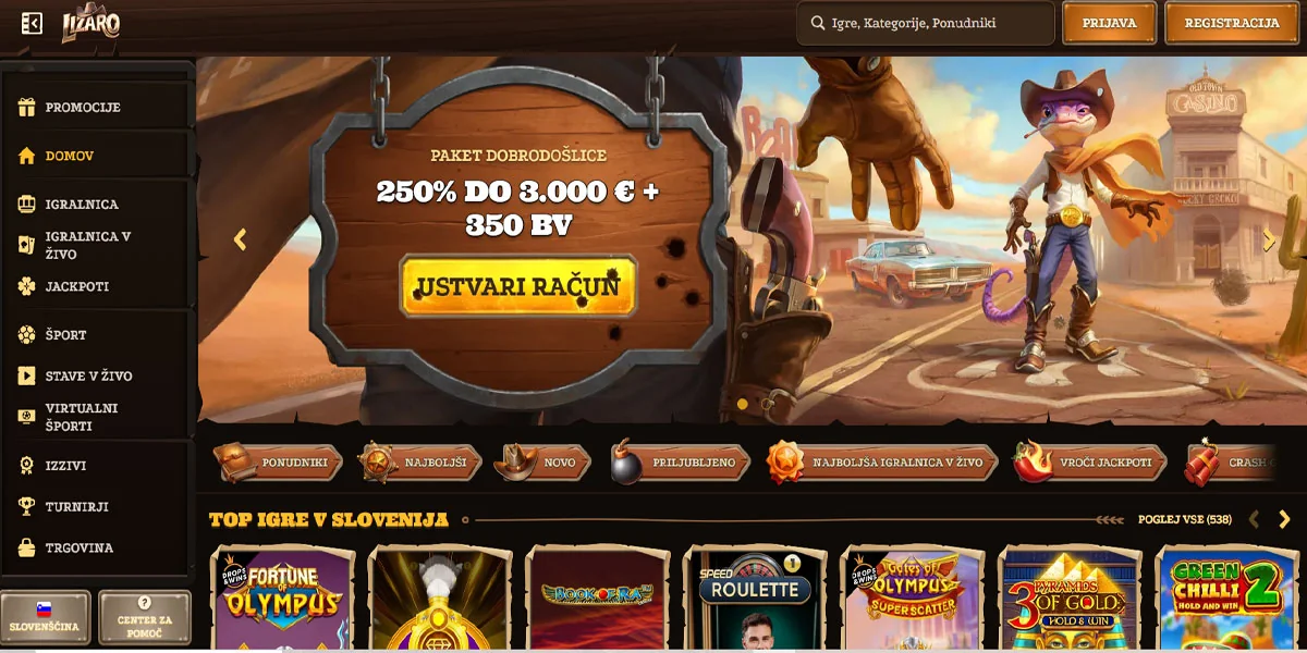 Lizaro Casino Home Screen